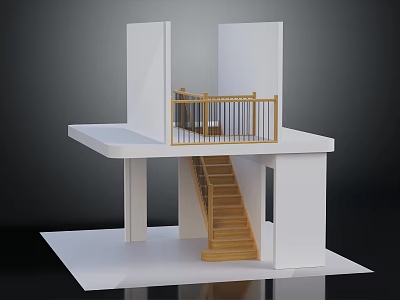 Wooden Staircase With Railing Connecting Upper And Lower Levels In White Building 3d model