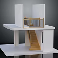 Wooden Staircase With Railing Connecting Upper And Lower Levels In White Building
