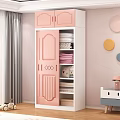 Pink Wardrobe with Double Doors Diamond Patterns White Top Cabinets Shelves and Round Wall Decor