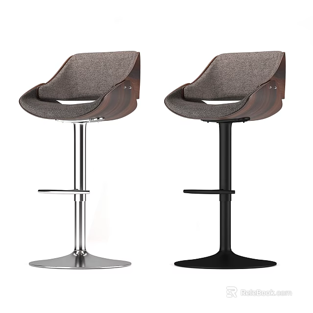 Modern Gray Upholstered Bar Stools With Curved Backrest And Silver Black Metal Bases 3d model 