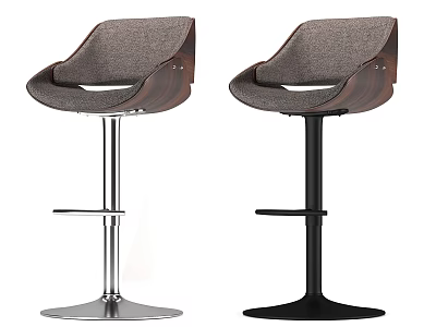 Modern Gray Upholstered Bar Stools With Curved Backrest And Silver Black Metal Bases 3d model