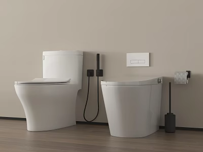 Two White Modern Toilets With Smart Control Panel Toilet Brush And Wooden Floor 3d model