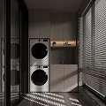 Modern Home Balcony Design With Stacked Washing Machines White Cabinets Window Blinds And Plant