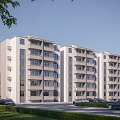 Modern School Building Exterior With Multi Story Structure Large Windows Green Lawns And Parking Area