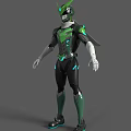 Futuristic Green And Black Armored Character With Neon Accents And Tech Details