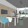 Modern Open Office Interior Design With Wooden Walls Blue Chairs And Green Plants