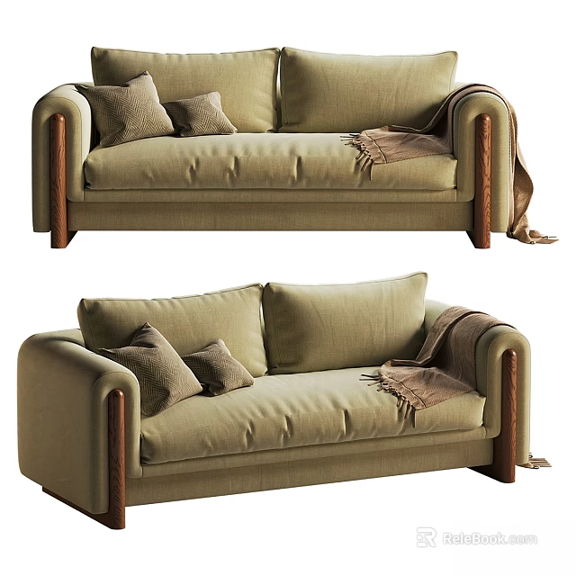 Beige Modern Two Seater Sofa with Soft Cushions Wooden Arms and Throw Blanket 3d model 