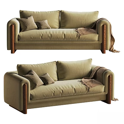 Beige Modern Two Seater Sofa with Soft Cushions Wooden Arms and Throw Blanket 3d model