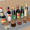 Spice and Condiment Bottles and Jars on Kitchen Counter with Wooden Cabinets and Various Spices
