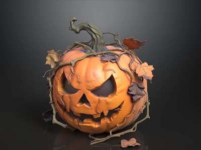 Spooky Jack o Lantern With Carved Face Vines And Withered Leaves On Black Background 3d model