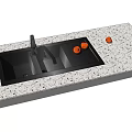 Black Double Bowl Kitchen Sink With Faucet On Speckled White Countertop And Oranges