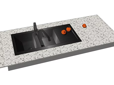 Black Double Bowl Kitchen Sink With Faucet On Speckled White Countertop And Oranges 3d model