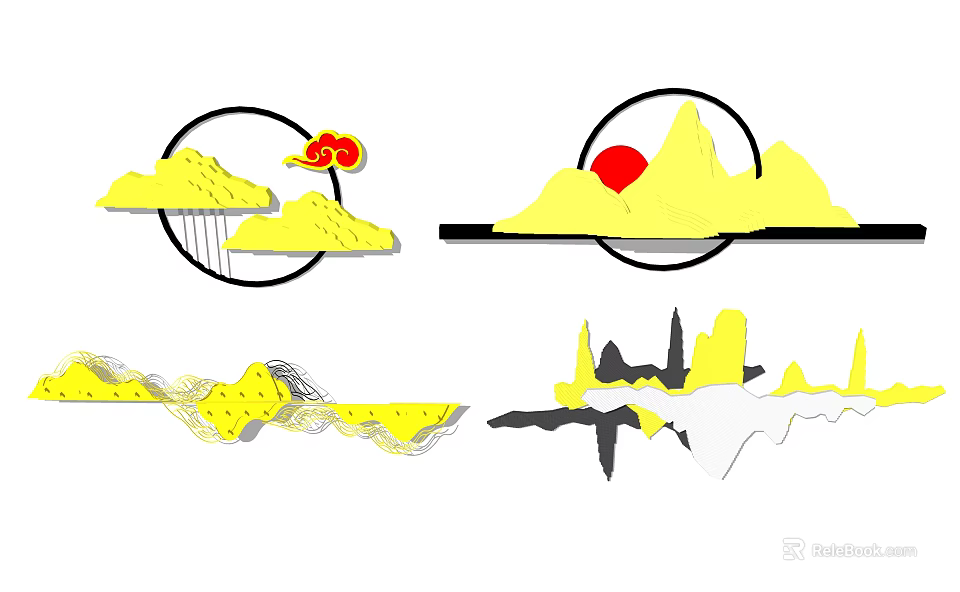 Yellow Mountain and Red Sun Cloud Wall Decor with Wave and Black White Patterns 3d model