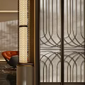 Luxurious Hotel Lobby Interior With Decorative Screens Columns Chandelier And Red Sofas