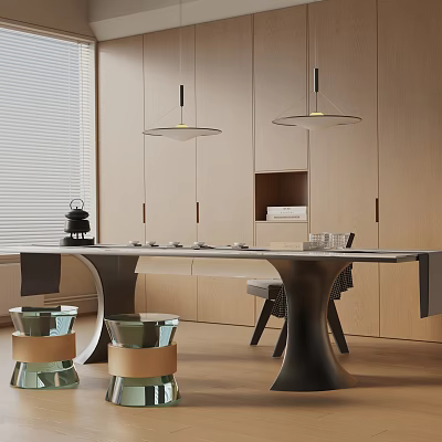 Modern Tea Room Interior With Wooden Cabinets And Pendant Lights 3d model