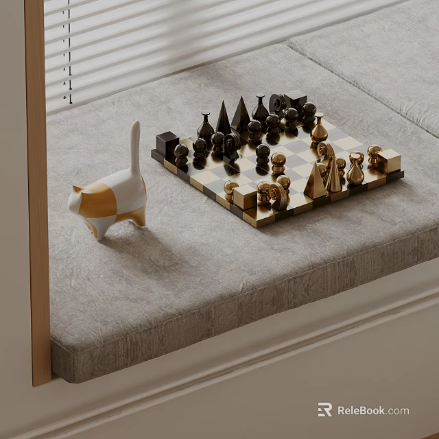 Luxury Chess Board Game Set With Golden Black Pieces And Cat Figurine On Leisure Sofa Area 3d model 