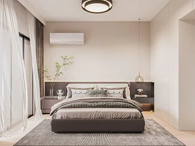 Modern Bedroom Interior With Grey Bed Striped Bedding Curtains Rug And Round Ceiling Light 3d model