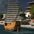 Picturesque Waterfront Scenery With Ancient Style Buildings Green Trees And Tall Wooden Sailboat