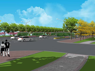 Municipal Road With Green Trees Street Lamps Vehicles Pedestrians And Paved Sidewalks 3d model