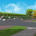 Municipal Road With Green Trees Street Lamps Vehicles Pedestrians And Paved Sidewalks