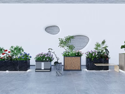 Decorative Flower Planters With Various Green Plants And Modern Mixed Material Bases 3d model