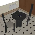 Round Dark Wood Dining Table Set With Two Black Backrest Chairs And Checkered Rug 3d model