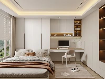 Modern Tatami Bedroom Interior With Tatami Bed Desk Chair And Storage Cabinets 3d model