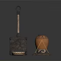 Handcrafted Sculpting Tools and Artisanal Ceramic Vase with Metal Trophy and Carved Drum