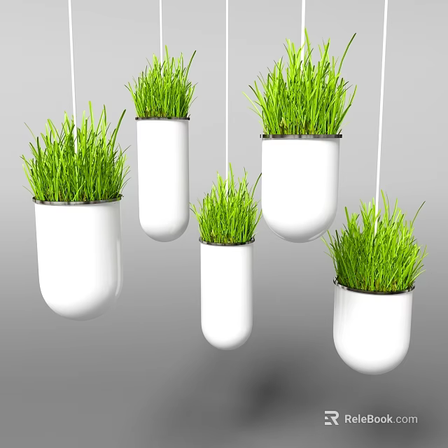 White Hanging Planters With Lush Green Grass For Modern Interior Decoration 3d model 