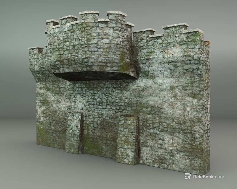Medieval Castle Stone Wall With Mossy Texture And Crenellated Top 3d model 