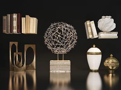 Elegant Decorative Ornament Set With Metal Geometric Sculptures Decorative Books And Ceramic Urns 3d model