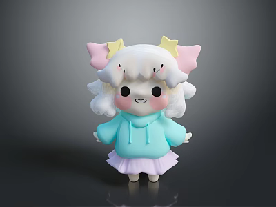 Cute Cartoon Character With Pink Yellow Ears White Curly Hair Blue Hoodie And Pink Skirt 3d model