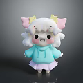 Cute Cartoon Character With Pink Yellow Ears White Curly Hair Blue Hoodie And Pink Skirt