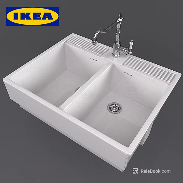 White Double Basin Kitchen Sink With Chrome Faucet Central Drain And Smooth Surface 3d model 