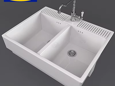 White Double Basin Kitchen Sink With Chrome Faucet Central Drain And Smooth Surface 3d model