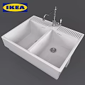 White Double Basin Kitchen Sink With Chrome Faucet Central Drain And Smooth Surface
