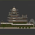 Ancient Architecture Traditional Multi Tiered Tower With Gray Tiles Wooden Frames And Green Walls