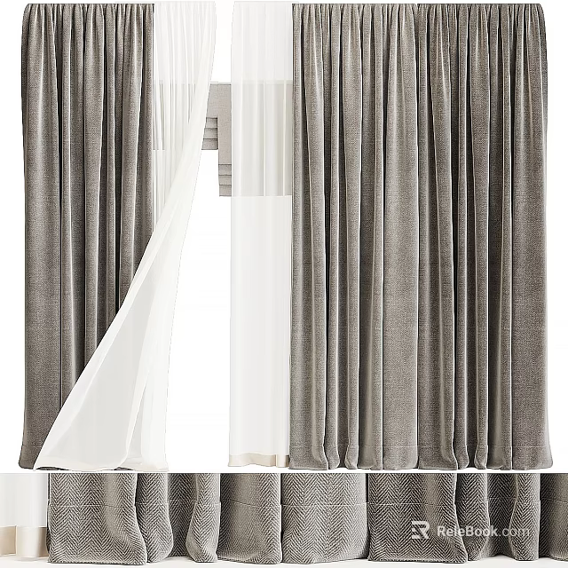 Textured Gray Curtains With White Sheer Layers Drawn Open For Natural Light 3d model 