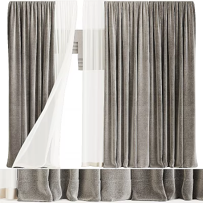 Textured Gray Curtains With White Sheer Layers Drawn Open For Natural Light 3d model