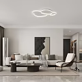 Modern Living Dining Room Interior Design With Circular Lights TV Accent Chair Coffee Table Rug