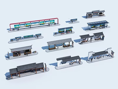 Various Bus Stop Designs With Different Roof Structures And Waiting Shelters 3d model