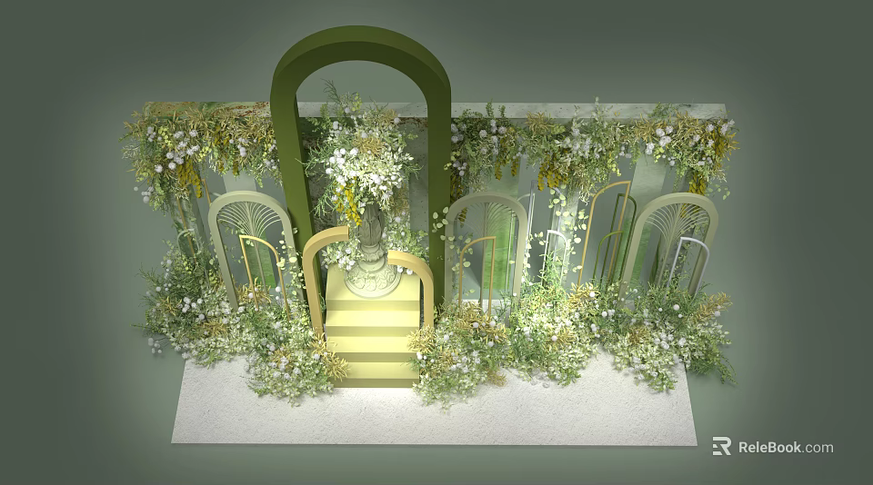 Photo Check In Spot With Green Arch Floral Decorations White Green Plants And Stepped Structure 3d model 