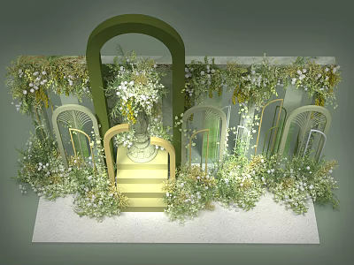 Photo Check In Spot With Green Arch Floral Decorations White Green Plants And Stepped Structure 3d model