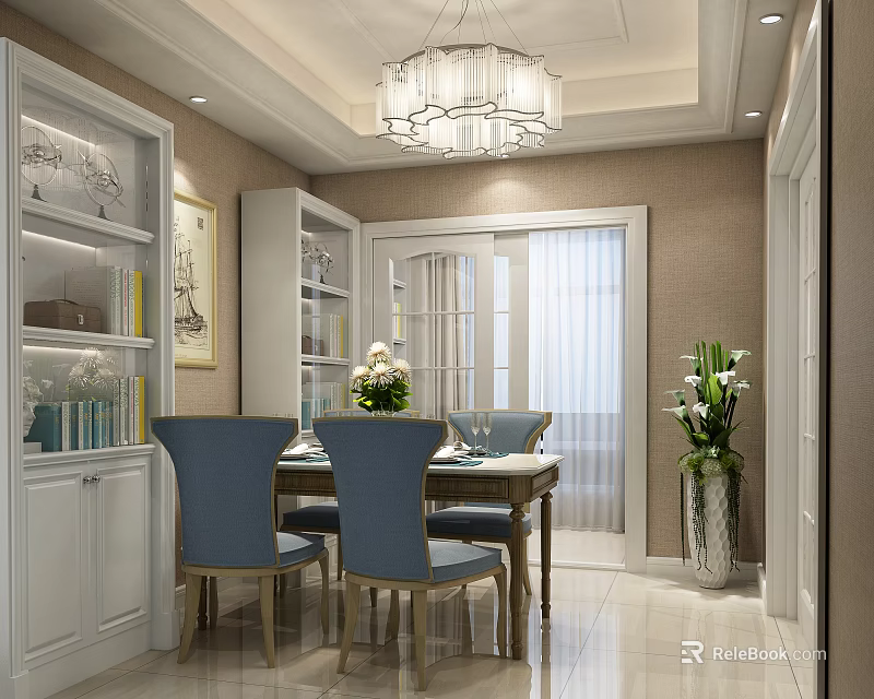 Elegant Dining Room With Blue Chairs Dining Table Chandelier Bookshelves And Flower Vase 3d model 