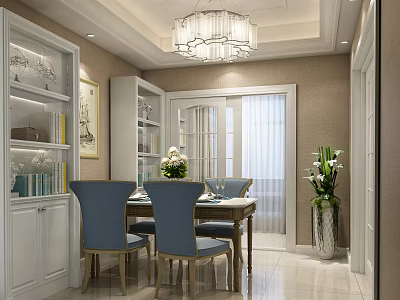 Elegant Dining Room With Blue Chairs Dining Table Chandelier Bookshelves And Flower Vase 3d model