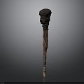 Antique Hand Carved Wooden Staff Featuring Intricate Skull Head Design