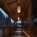 Wooden Corridor With Lantern Pendant Lights Wooden Structure And Misty Tree View Outside