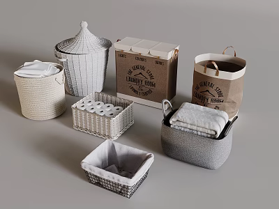 Various Woven and Fabric Storage Baskets for Home Organization with Lids and Towels 3d model