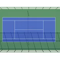 Outdoor Tennis Court With Green Surface And Blue Playing Area Surrounded By Green Fence
