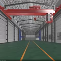 Industrial Warehouse Interior With Red Crane Green Floor Yellow Lines Blue Supports And Metal Roof